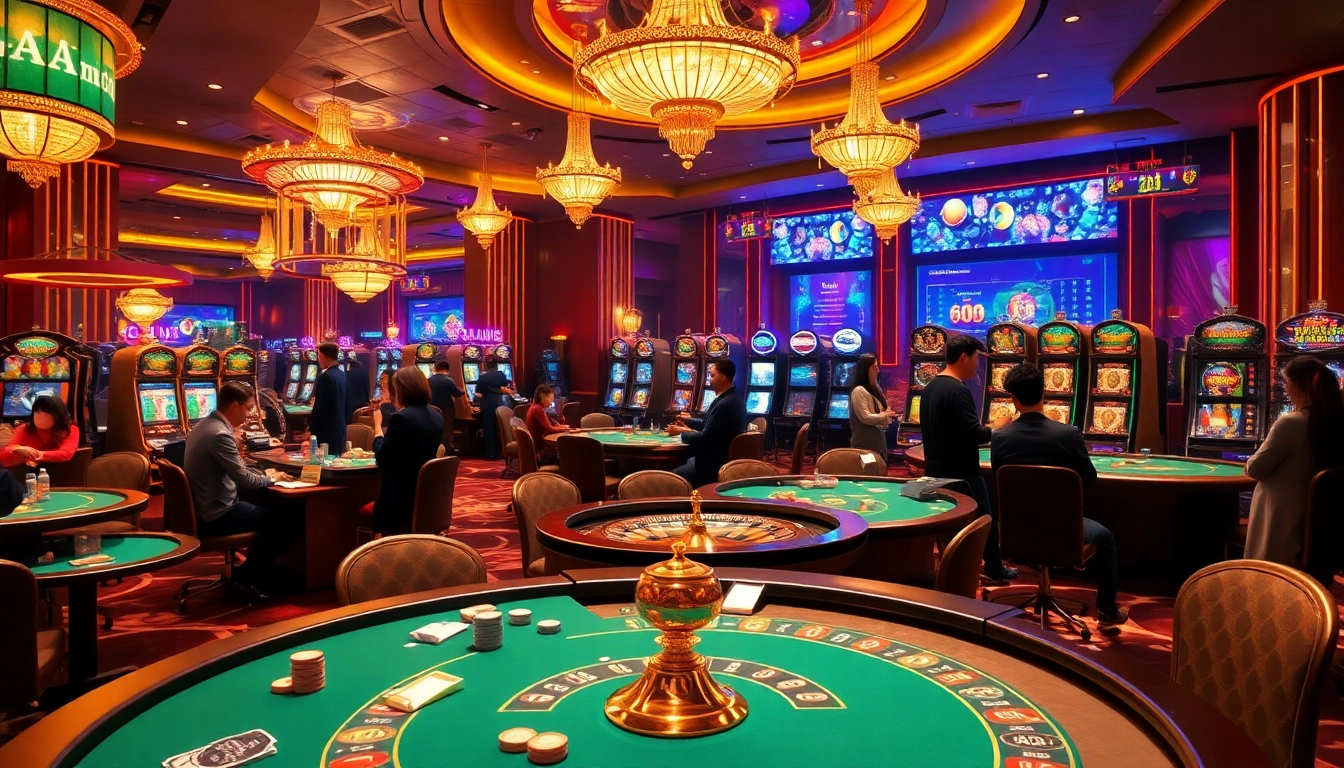 Action-packed scene showing excited players engaging with red88 lô de games in a luxurious casino setting.