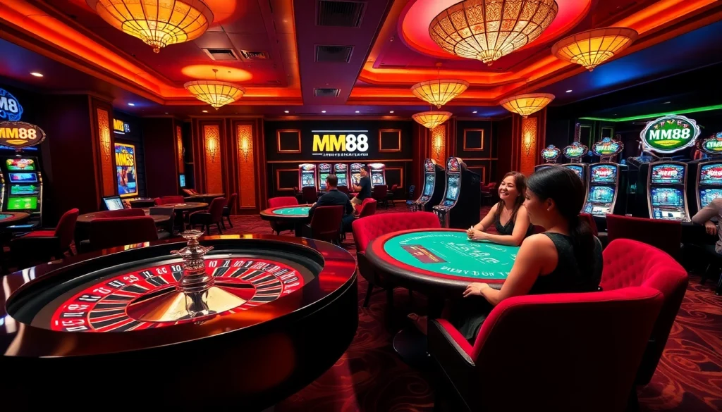 Players enjoying thrilling games at MM88's luxurious casino tables.