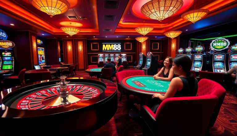 Players enjoying thrilling games at MM88's luxurious casino tables.