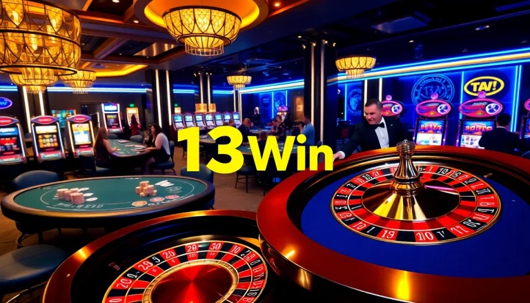 Players enjoying vibrant casino action at 13Win with roulette and poker tables.