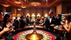 Players enjoy an exhilarating game at the stylish casino featuring a roulette table, echoing the excitement of https://kingarthurcafe.com/menu.