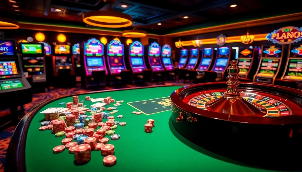 Experience the excitement of tv88 with vibrant cards, chips, and a dazzling roulette wheel.
