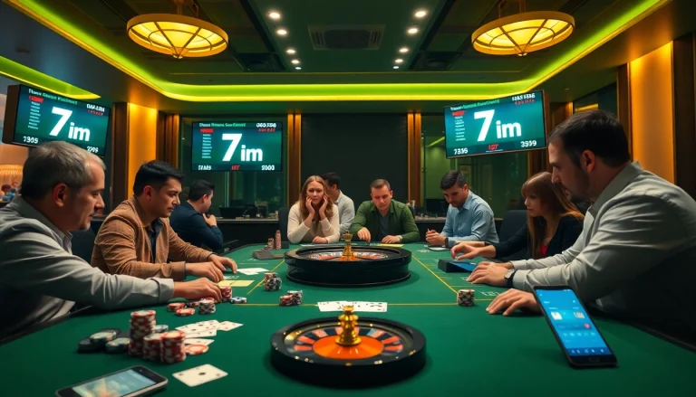 Live football scores at 7m betting table with chips and cards in a vibrant casino setting