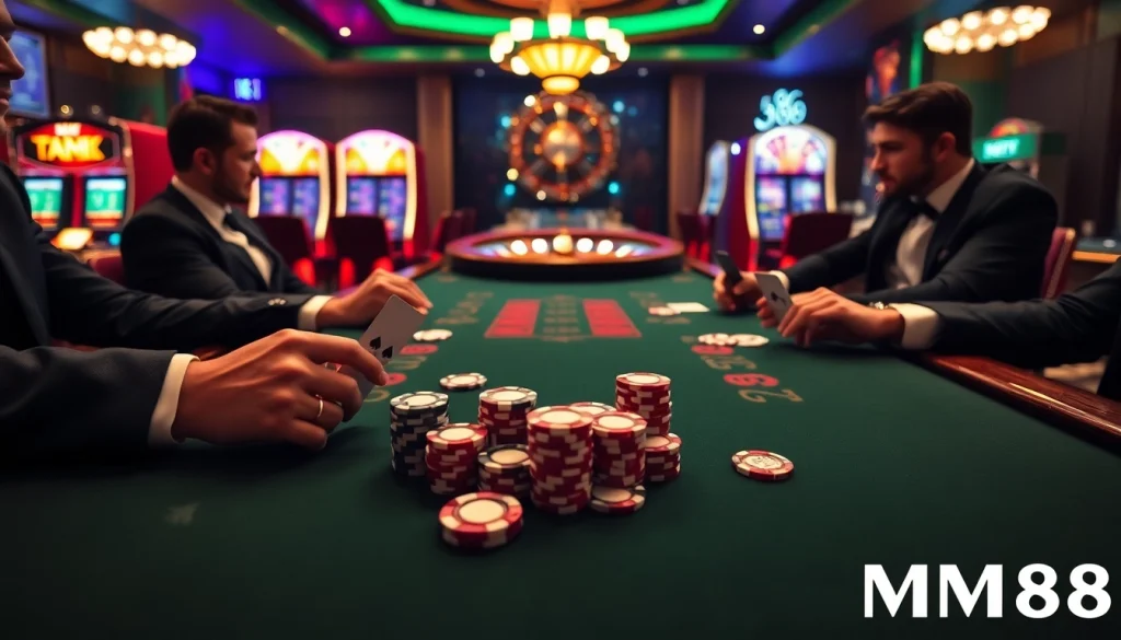 Experience the thrill of MM88 poker with high-stakes chips and vibrant slot machines.