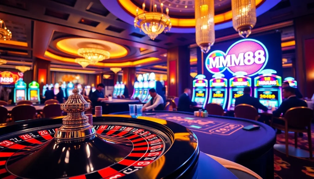 Enjoy the thrill of gambling at MM88 with a vibrant casino scene featuring roulette and poker.