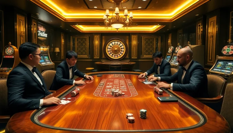 Players enjoying a high-stakes poker game with rr 88 chips and a sleek roulette wheel.