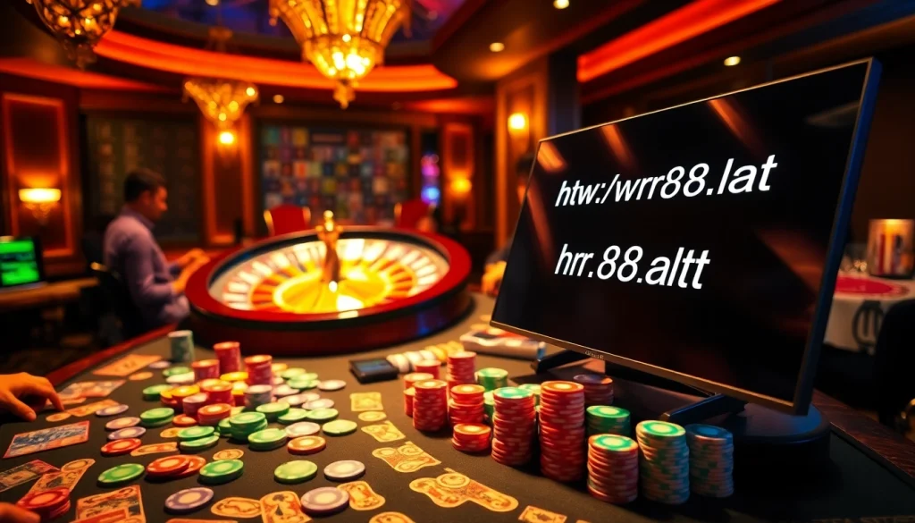 Experience the excitement of gambling at https://rr88.lat/ with vibrant poker chips and a spinning roulette wheel.