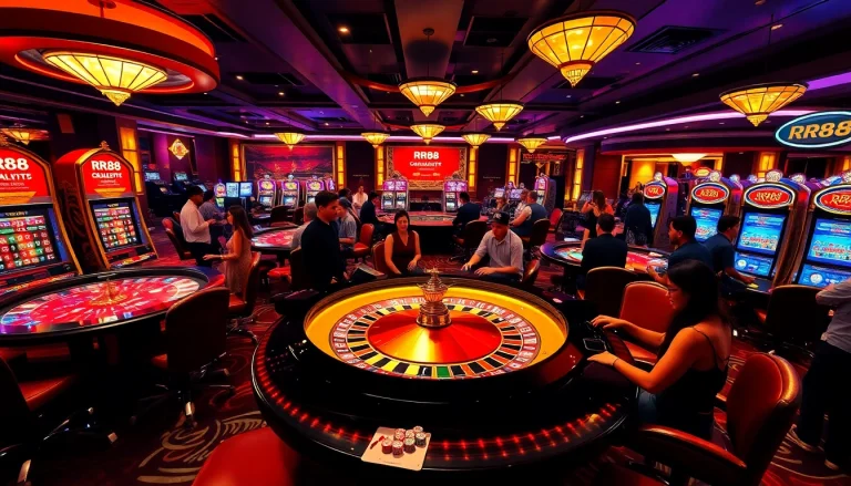 Excited players enjoying games at RR88 casino with roulette and slot machines