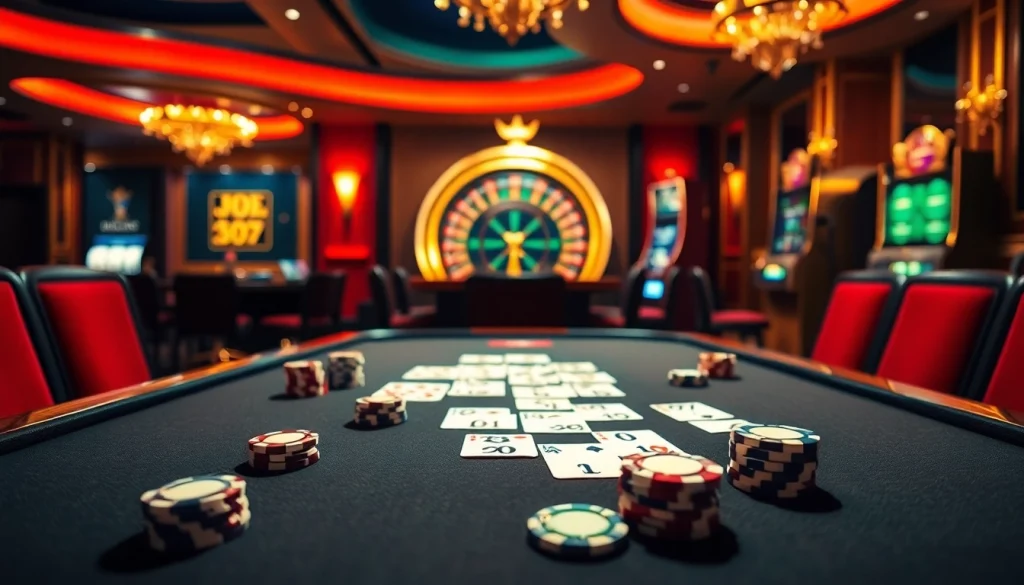 Experience thrilling gameplay at https://jun88buzz.info/ with an exciting poker table scene featuring chips and cards.