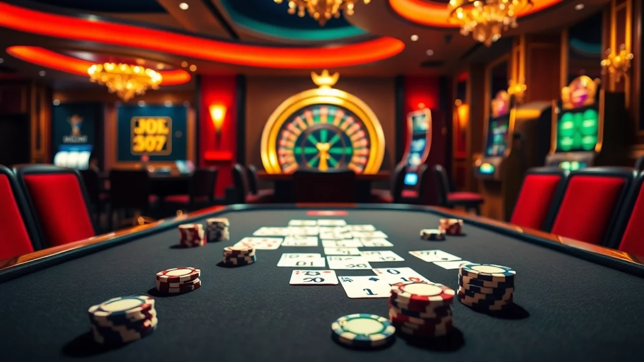 Experience thrilling gameplay at https://jun88buzz.info/ with an exciting poker table scene featuring chips and cards.