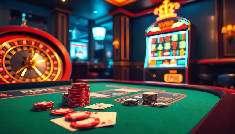 Experience excitement at EV88 Casino with a vibrant poker table, chips, and roulette wheel.