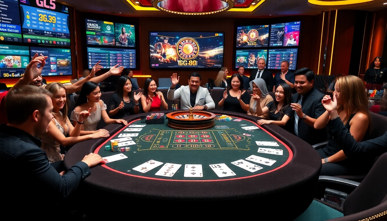 Players strategizing at the GG 88 casino table surrounded by vibrant gambling elements.