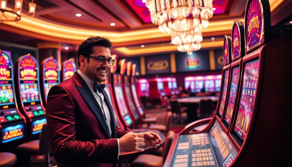 Playing the Slot Gacor Hari ini machine with excitement at a luxury casino.