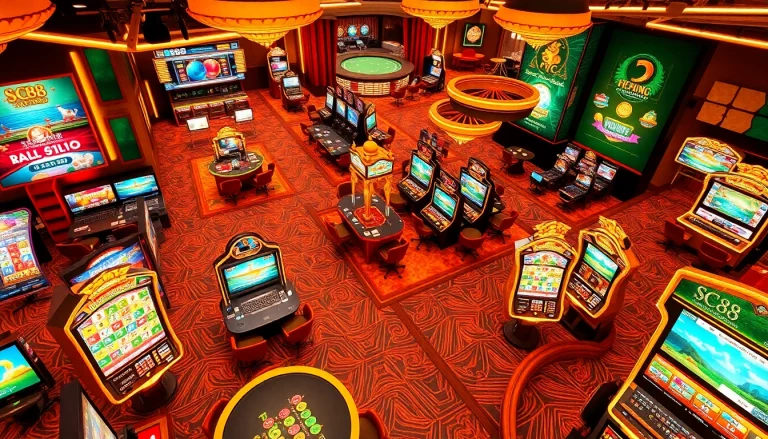 Engaging casino gaming scene promoting SC88.ad, featuring online slots, live dealers, and vibrant animations.