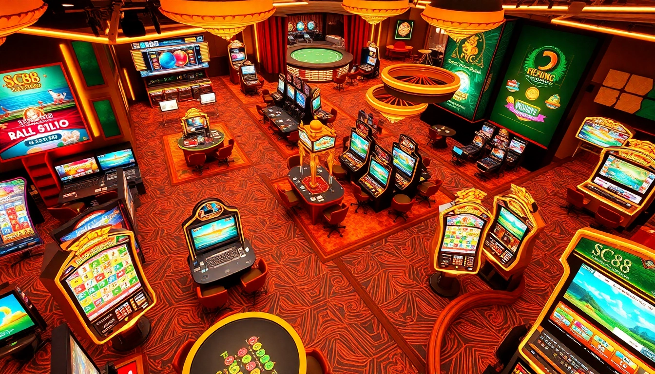 Engaging casino gaming scene promoting SC88.ad, featuring online slots, live dealers, and vibrant animations.