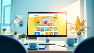 Hela Ads platform showcasing colorful online advertisements in a modern workspace.