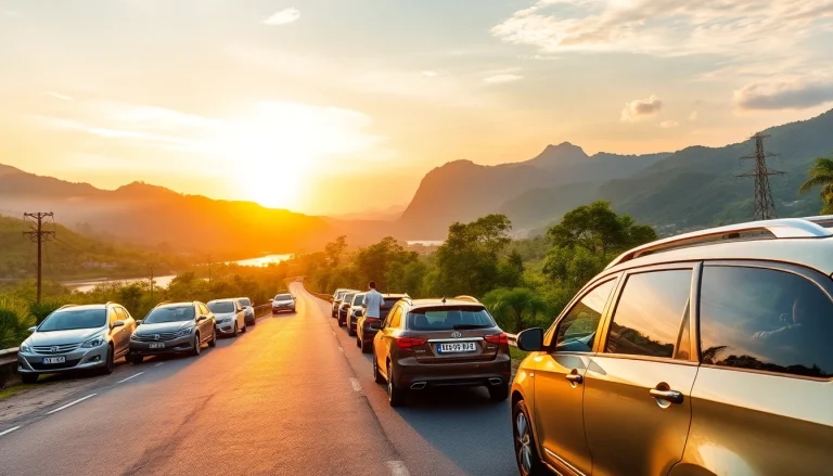 Experience adventure with car hire in Kuching, showcasing tourists exploring lush landscapes in rental vehicles.