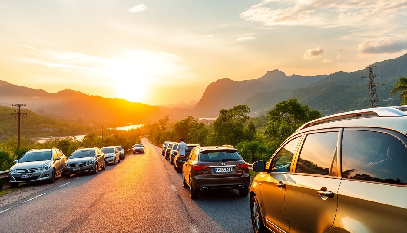 Experience adventure with car hire in Kuching, showcasing tourists exploring lush landscapes in rental vehicles.