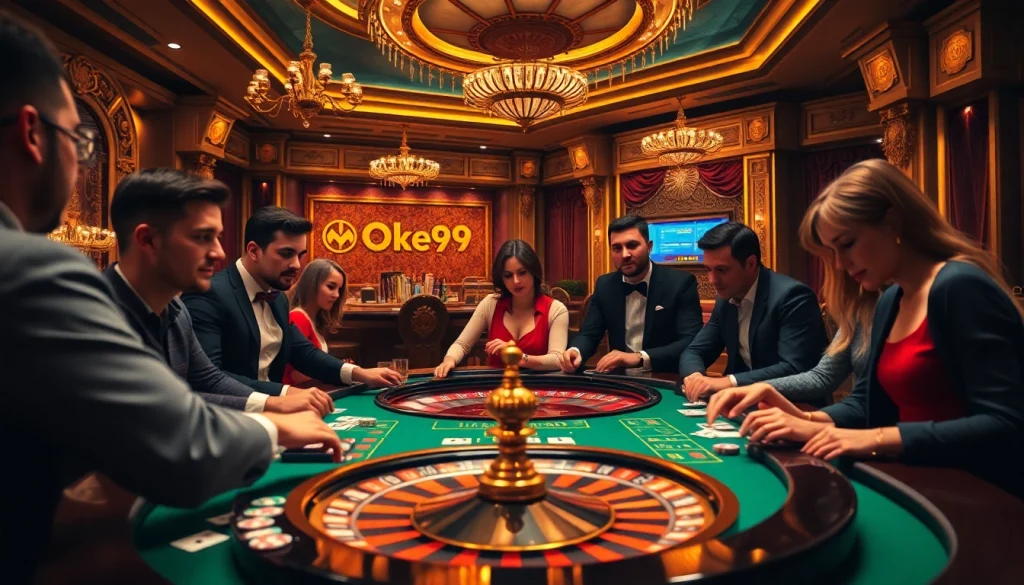 Oke99 players engaging at a vibrant casino table with poker chips and cards in action.