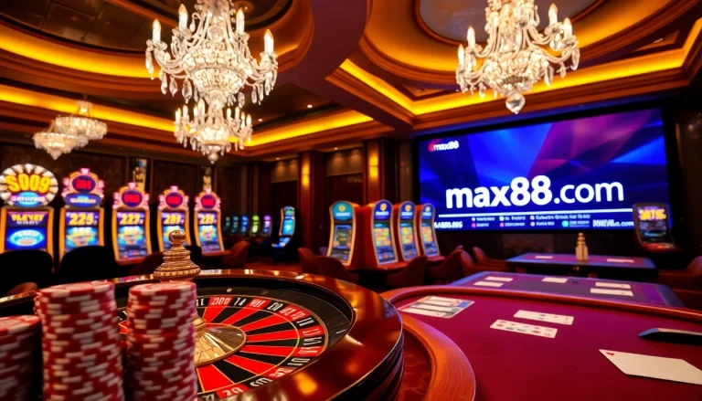 A thrilling gaming experience at max88 com with spinning roulette wheel and gleaming slot machines.