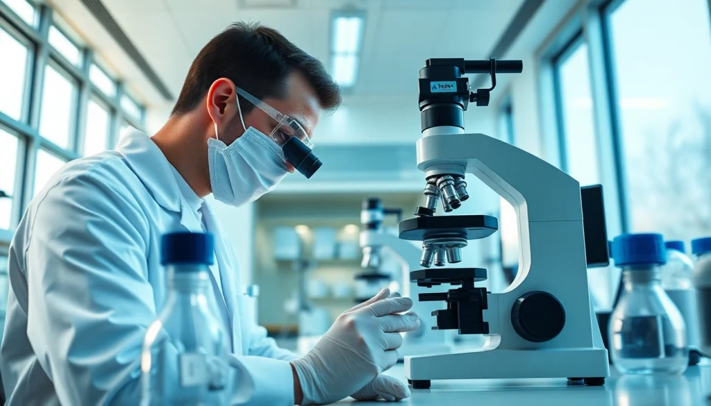 Uther Peptide research in a modern laboratory featuring a scientist analyzing samples.