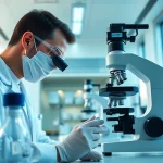 Uther Peptide research in a modern laboratory featuring a scientist analyzing samples.