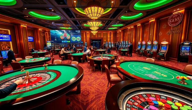 Experience the excitement of GG 88 at a vivid casino scene with players and betting tables.