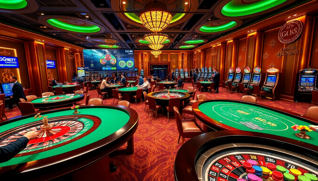 Experience the excitement of GG 88 at a vivid casino scene with players and betting tables.