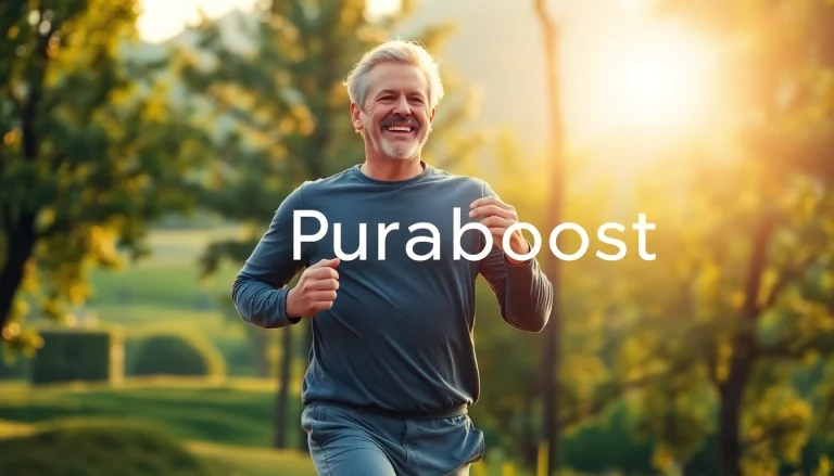 Pura Boost revitalizes men's vitality and confidence, depicted by a strong man exercising in nature.