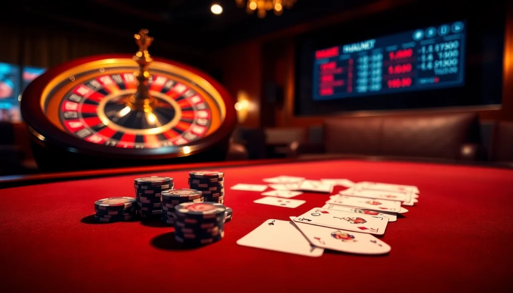 Elevate your gaming at Trang chủ Thabet with vibrant casino visuals featuring poker chips and a roulette wheel.