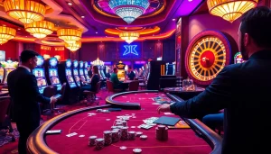 KJC casino scene showcasing vibrant poker tables and excited players in a luxurious atmosphere.