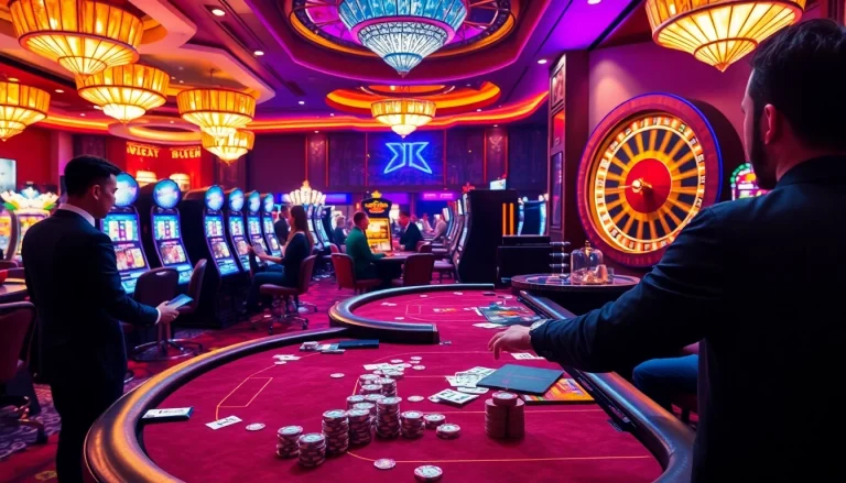 KJC casino scene showcasing vibrant poker tables and excited players in a luxurious atmosphere.