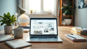 Creative workspace showcasing blogslabs.xyz with modern laptop and inviting decor.