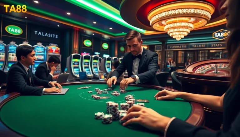 Experience thrilling gameplay at TA88 with vibrant casino tables and excited players.