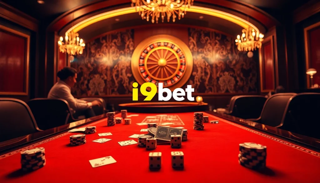 Experience an exciting game of poker at i9bet's luxurious casino with poker chips and cards.