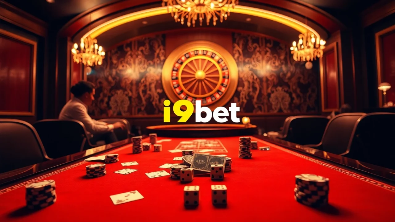Experience an exciting game of poker at i9bet's luxurious casino with poker chips and cards.