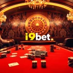 Experience an exciting game of poker at i9bet's luxurious casino with poker chips and cards.