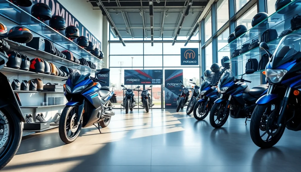 Vitrine d'accessoires de moto de haute qualité au magasin Motopaco présentant des designs innovants.