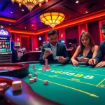 Experience the excitement of vn88 with players at a high-stakes poker table in a luxurious casino.