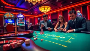 Experience the excitement of vn88 with players at a high-stakes poker table in a luxurious casino.