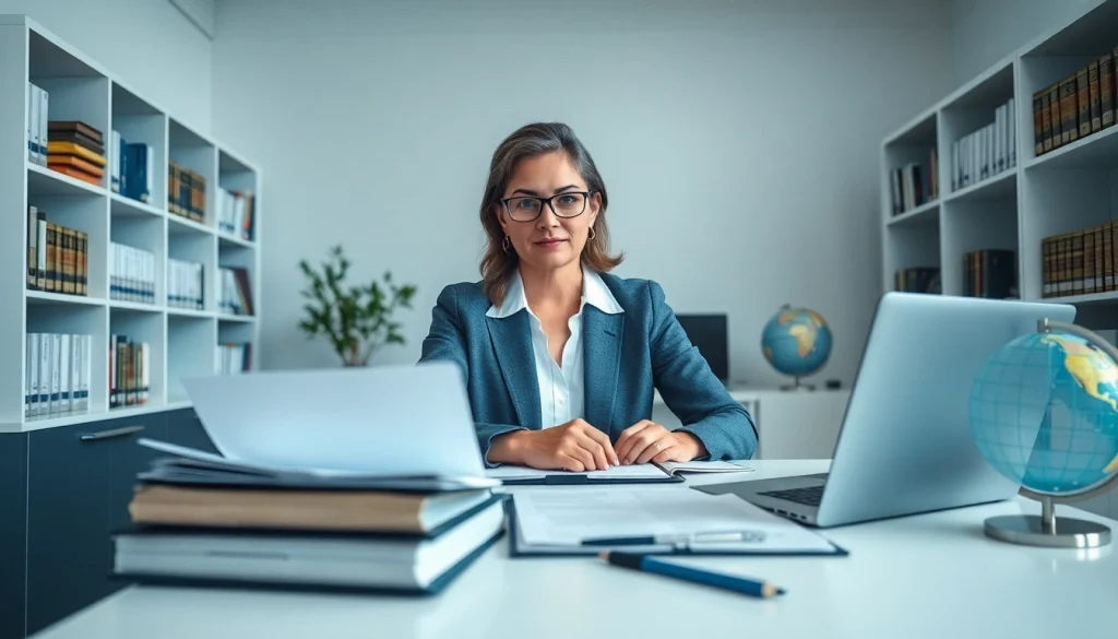 Professional sworn translator working in a modern office, showcasing expertise and trust.