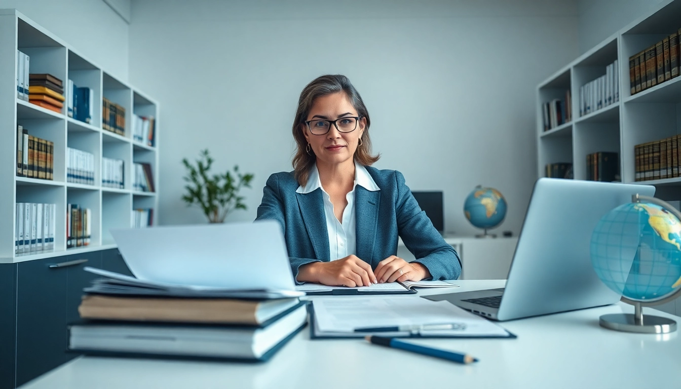 Professional sworn translator working in a modern office, showcasing expertise and trust.