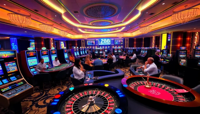 new88 players excitedly betting at vibrant casino tables with engaging slot machines