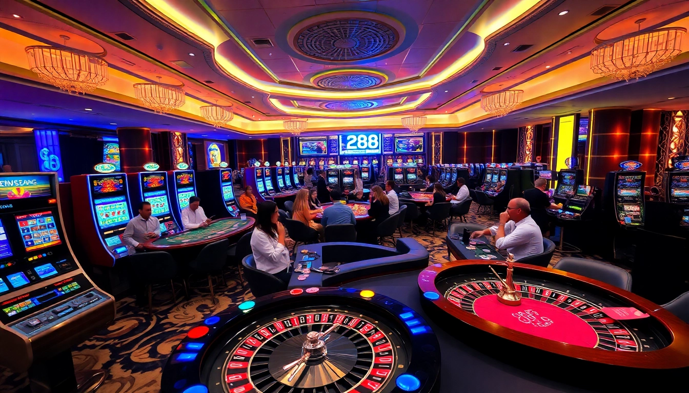 new88 players excitedly betting at vibrant casino tables with engaging slot machines