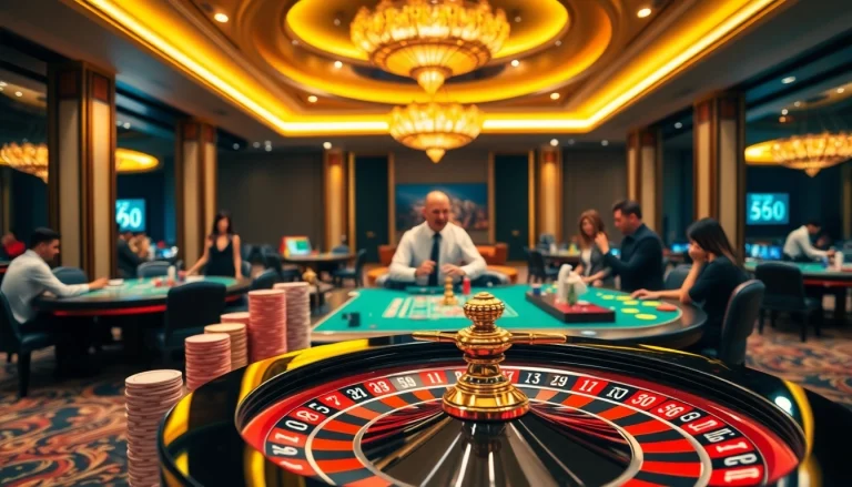 Players enjoying an exciting game of roulette at OK365 com, featuring colorful chips and vibrant casino lights.