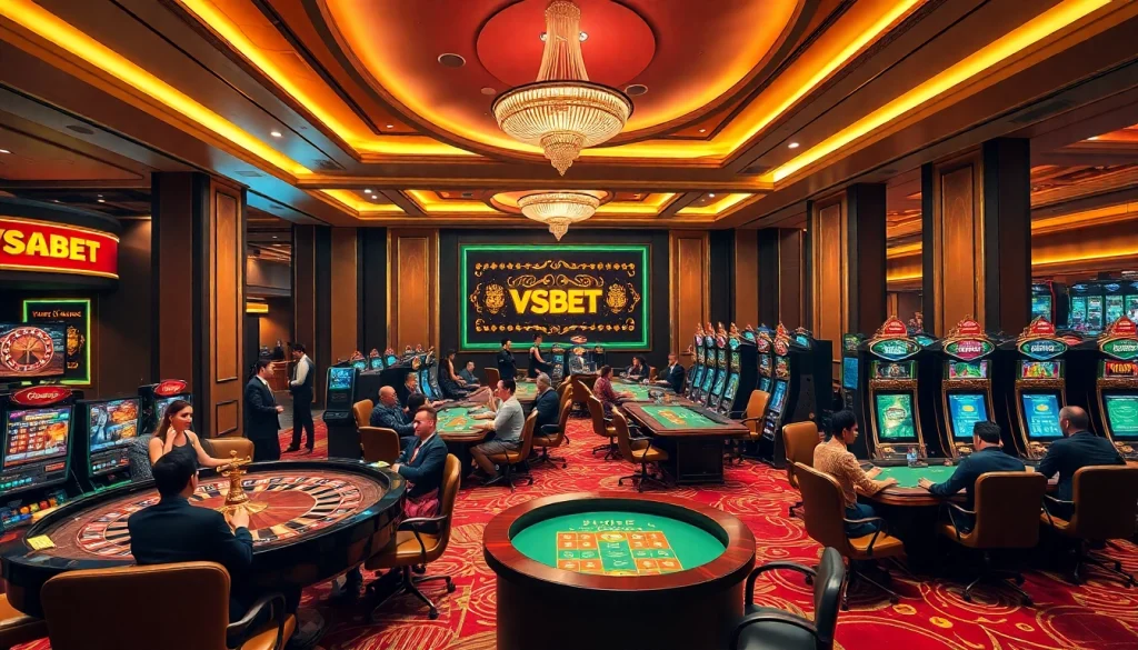 VSBET casino showcasing vibrant gaming tables and excitement in an elegant atmosphere.