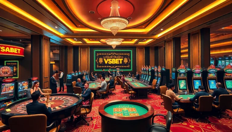 VSBET casino showcasing vibrant gaming tables and excitement in an elegant atmosphere.