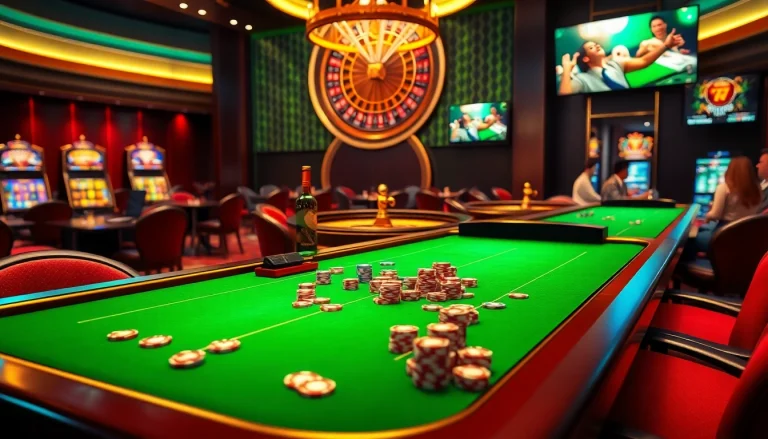 Exciting gaming atmosphere at 78WIN with vibrant tables, roulette, and slot machines.