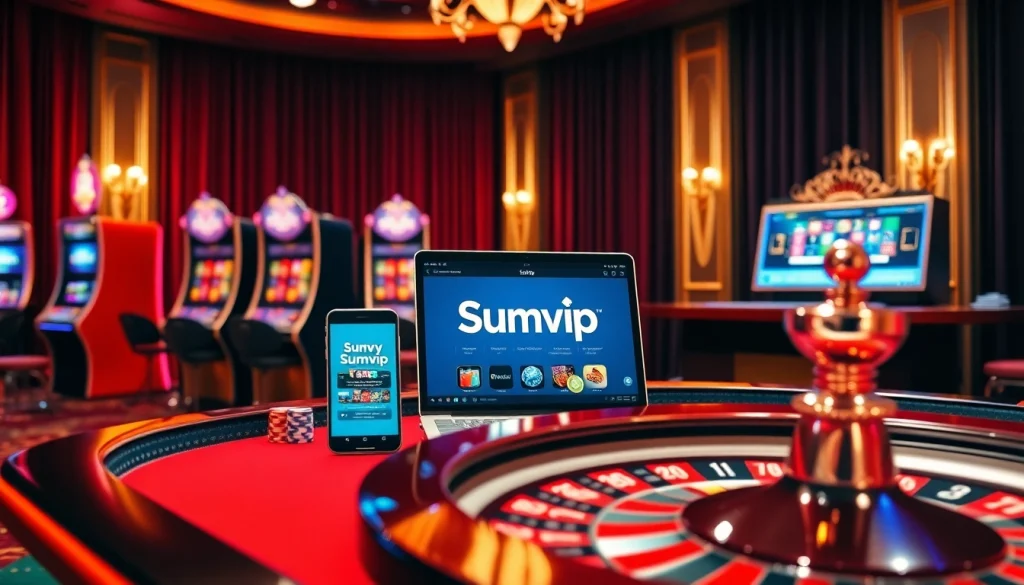 Sumvip online gaming platform featuring vibrant slot machines and a poker table, evoking excitement.