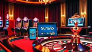 Sumvip online gaming platform featuring vibrant slot machines and a poker table, evoking excitement.